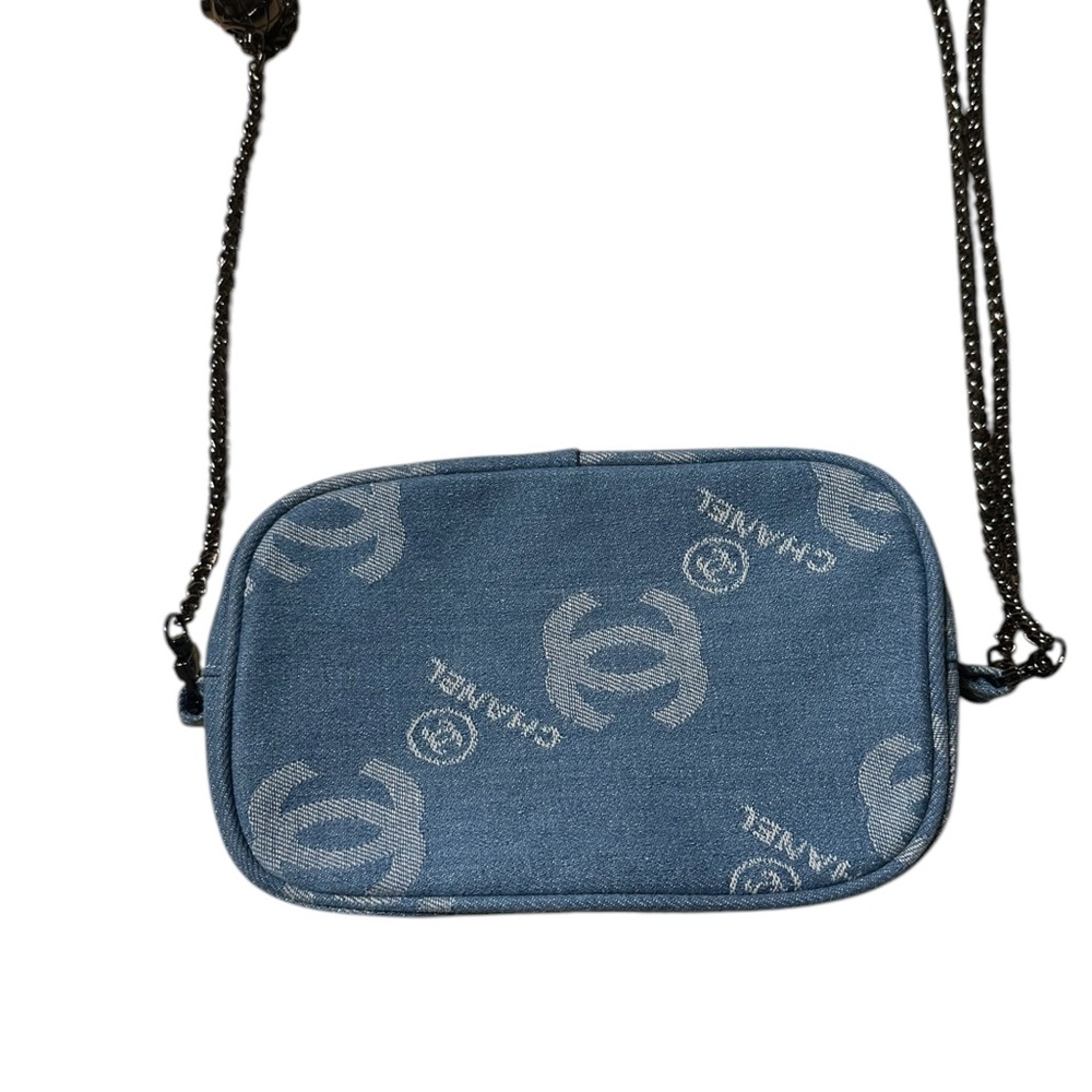 CHANEL Blue Denim Logo Crossbody with Black Chain Strap